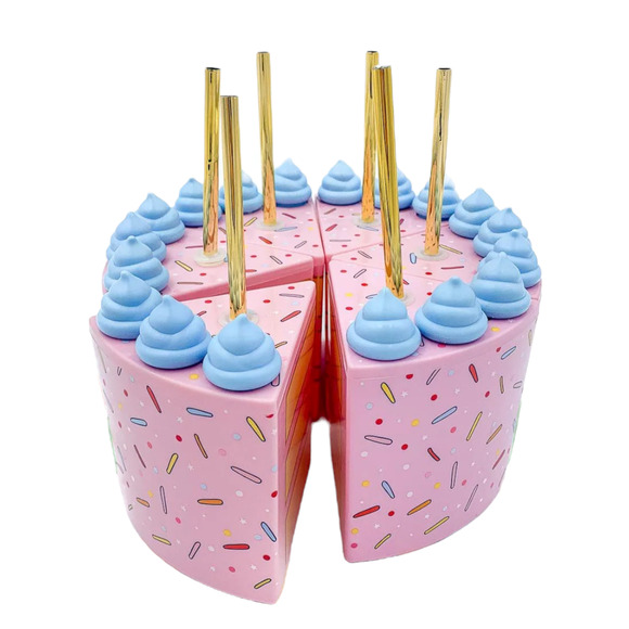 NEW (6) PIECE OF CAKE TUMBLERS Whole Birthday Cake Drinking Cups & Gold Straws